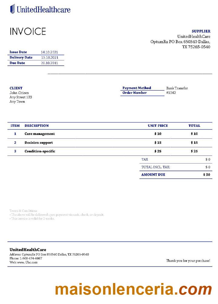USA UnitedHealthCare faktura Word i PDF szablon